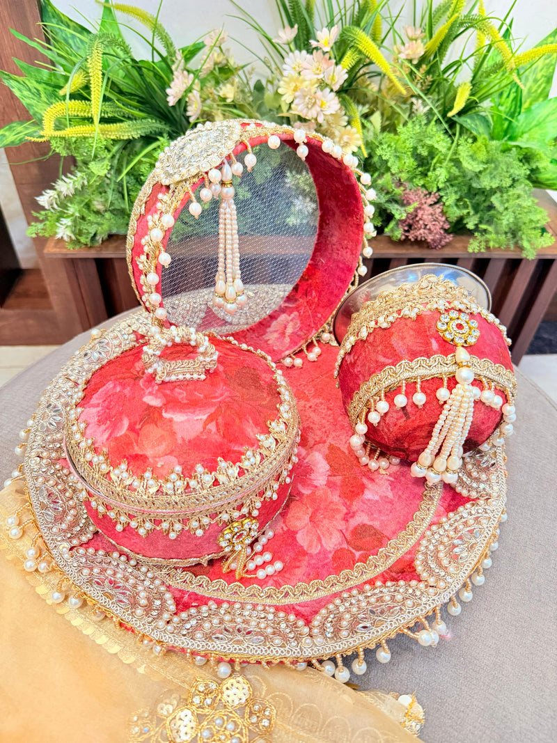 Divine Love Karwachouth Set – Jodidaarr Premium Thali Collection with Sweet Box