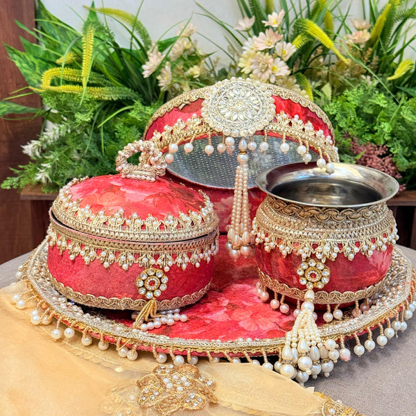Divine Love Karwachouth Set – Jodidaarr Premium Thali Collection with Sweet Box