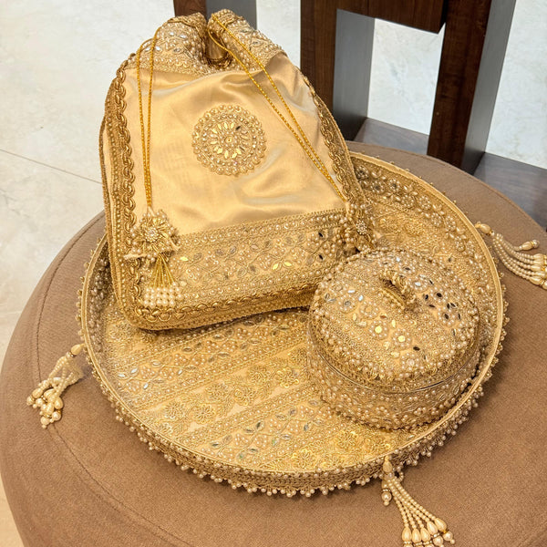 Exquisite Handworked Golden Thali & Potli – Jodidaarr Premium Collection