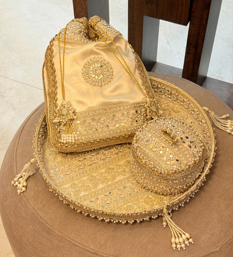 Exquisite Handworked Golden Thali & Potli – Jodidaarr Premium Collection